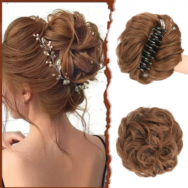 "Syntetisk damhårknut med blomdetalj, värmebeständig och fyllig look, enkel att fästa, elegant för alla tillfällen."