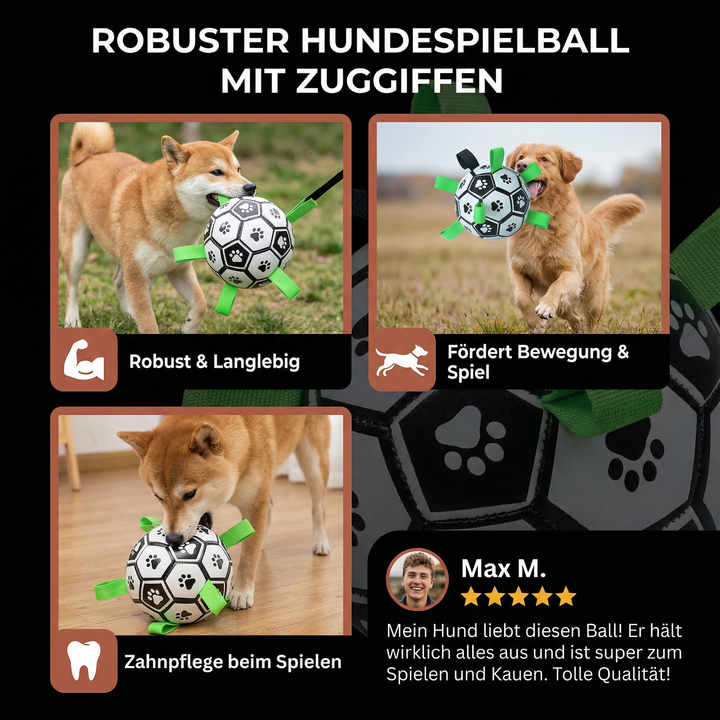 Slitstark hundlekboll med greppvänligt handtag, utmärkt för lekglädje och hundträning för aktiva hundar.