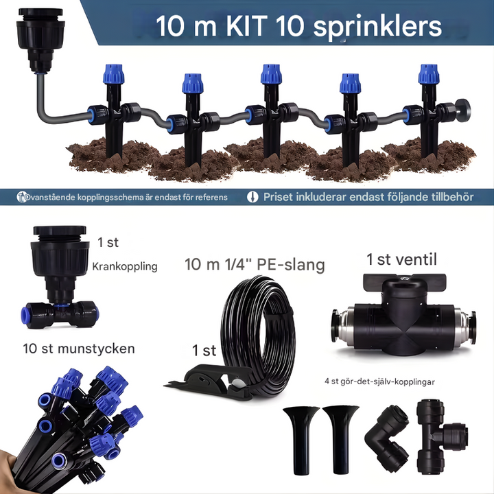 Trädgårdsbevattningssystem 10m kit med ventiler och kopplingar