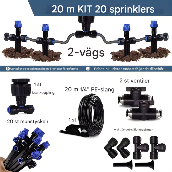 Trädgårdsbevattningssystem 20m kit med 2-vägs fördelning