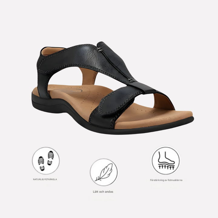 Svart ergonomisk damandal med justerbara remmar och ikoner för stödfunktioner