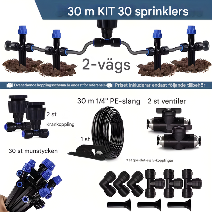 Trädgårdsbevattningssystem med justerbara droppare och sprinklers för växthusbevattning