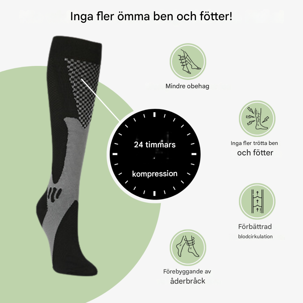 Stödjande kompressionsstrumpa i svart och grått med översikt över funktioner