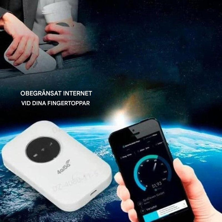 Bärbar WiFi-router som används vid arbete utomhus med smartphone