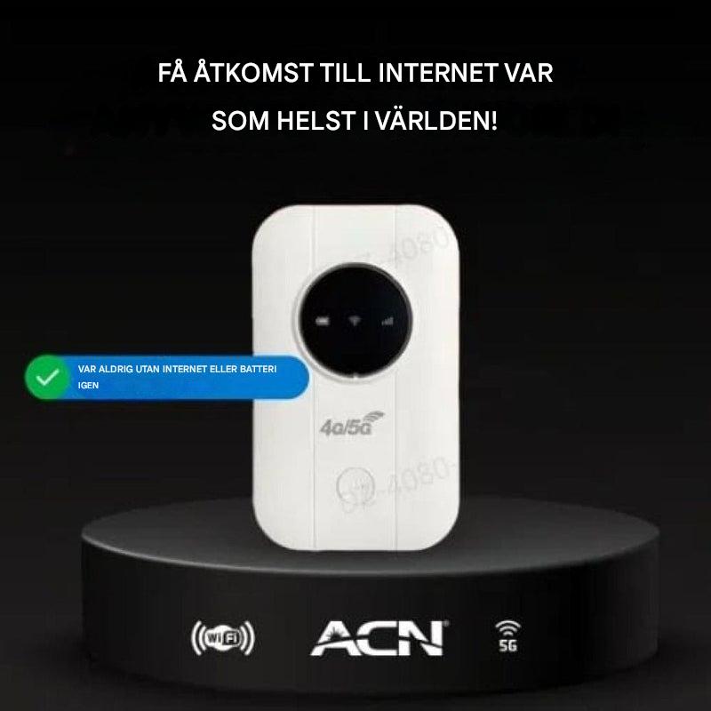 Bärbar WiFi-router placerad på ett runt ställ med reklamtext