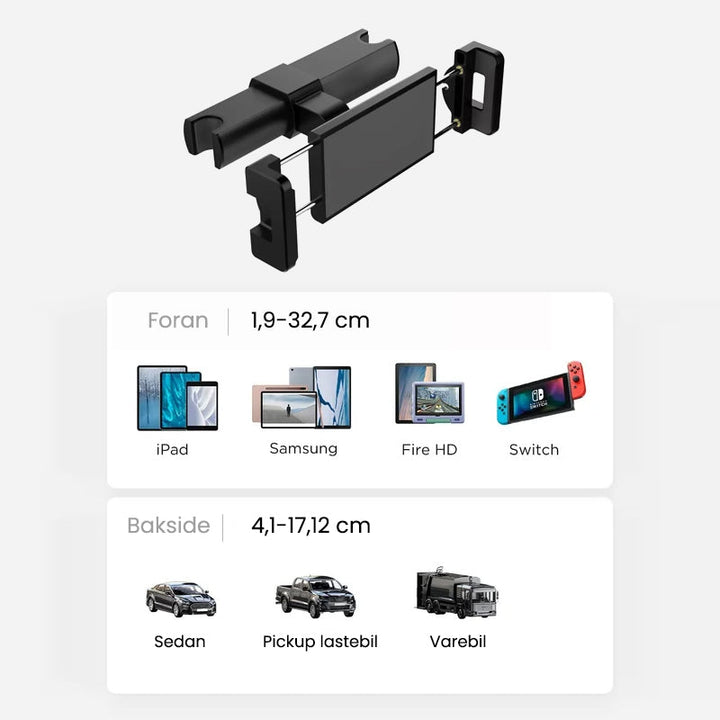 Tablethållare för bil med 360-rotation, enkel installation, stötsäkert skydd, universell passform, visas på nackstöd.
