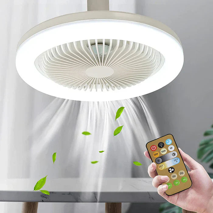 Vit takfläkt med LED-belysning och tillhörande fjärrkontroll [[lstfy-media:1]]