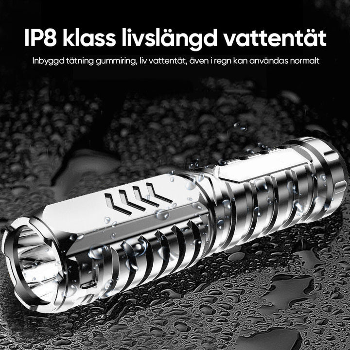 "Taktisk LED-ficklampa med 3 lägen, robust aluminium, superljus, idealisk för friluftsliv och nödsituationer."