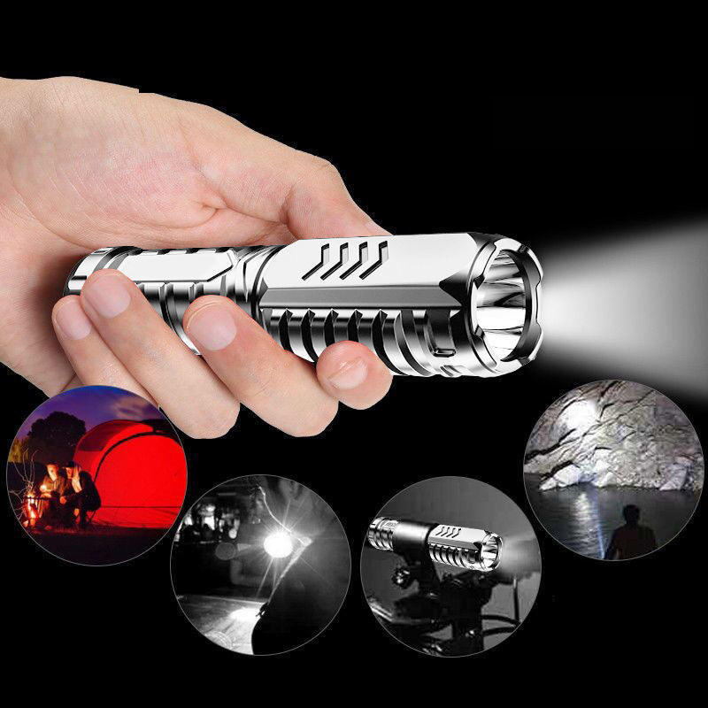 "Taktisk LED-ficklampa med 3 lägen, robust aluminium, superljus, idealisk för friluftsliv och nödsituationer."