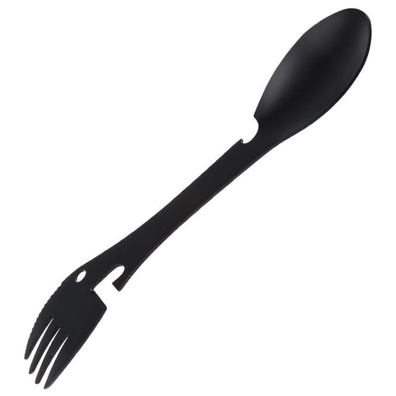 "Taktisk svart 5-i-1 Spork i rostfritt stål för camping, kombinerar gaffel, kniv, sked, burköppnare och flasköppnare."