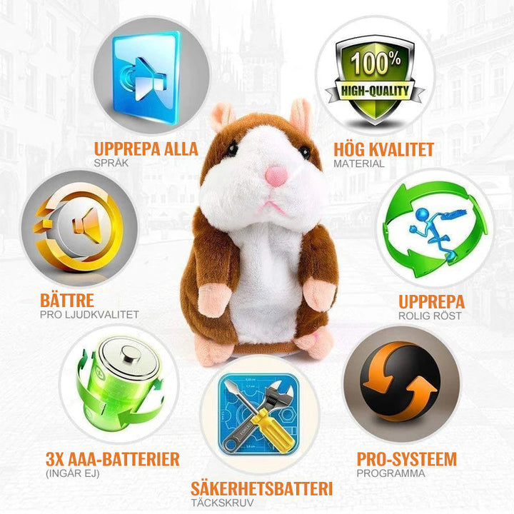 Talande hamsterleksak för barn, mjuk fuskpäls, upprepar ord och dansar, perfekt för små händer, rolig och interaktiv.