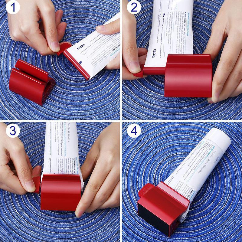 "Tandkrämsklämma i hållbar plast, multifunktionell, pressar ut tandkräm effektivt, kompakt design, passar alla tuber."