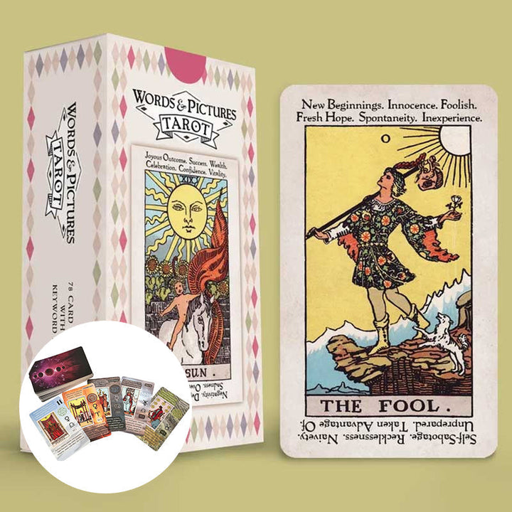 "Tarotkort för nybörjare med klara bilder, perfekt för mystikutforskning. Rider Waite-inspirerat med guidebok."