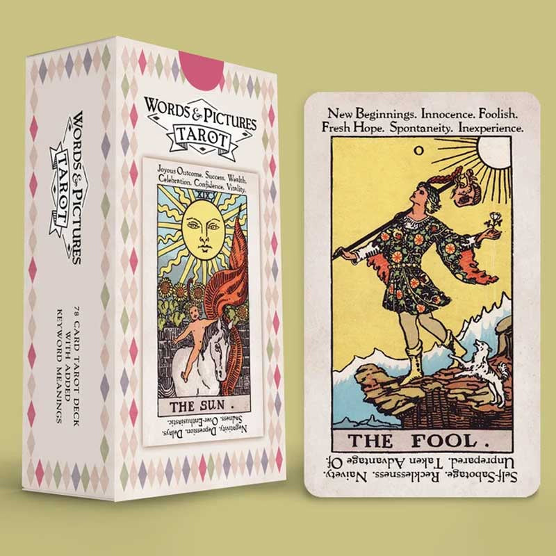 "Tarotkort för nybörjare med klara bilder, perfekt för mystikutforskning. Rider Waite-inspirerat med guidebok."