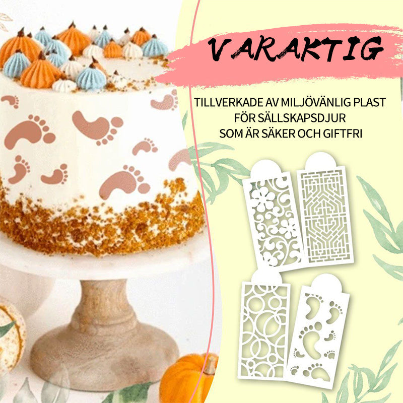 "Tårtdekorationsstencil set 10 st, vita stenciler med unika mönster, för att skapa professionella tårtdekorationer."