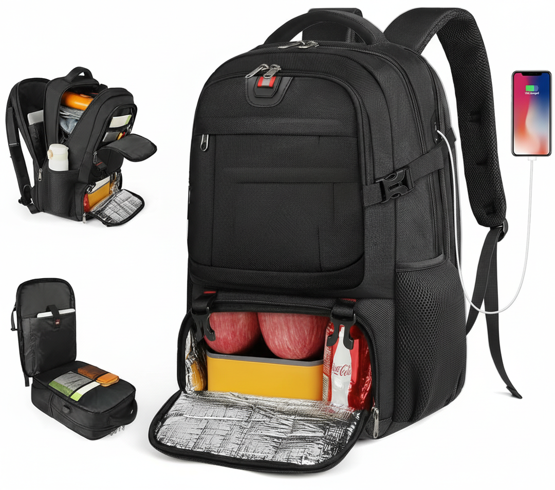 Ergonomisk TechnoPack arbetsryggsäck med USB-port, isolerat fack & smart organisering för daglig användning.