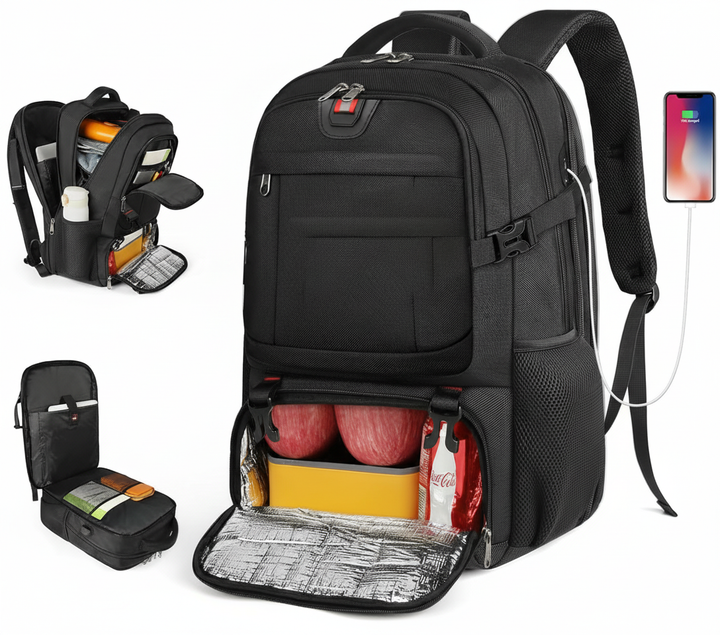 Ergonomisk TechnoPack arbetsryggsäck med USB-port, isolerat fack & smart organisering för daglig användning.