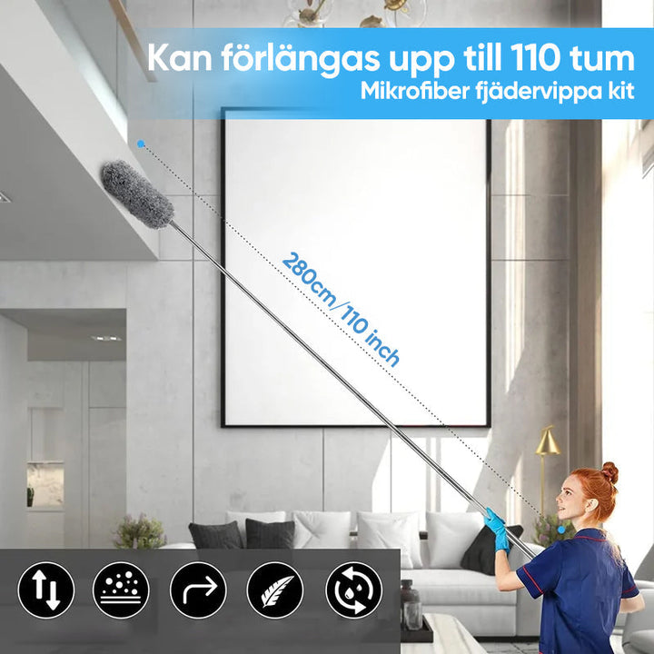 Teleskopisk böjd mikrofiber dammvippa med förlängbar stång, mjukt böjbart huvud för svåråtkomliga ytor i hemmet.