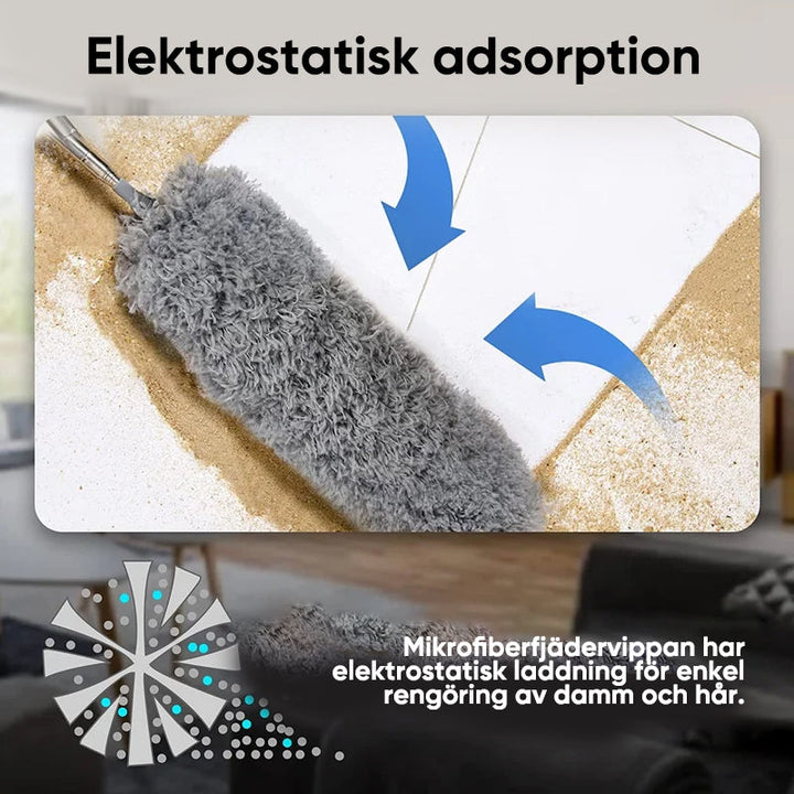 Teleskopisk böjd mikrofiber dammvippa med förlängbar stång, mjukt böjbart huvud för svåråtkomliga ytor i hemmet.