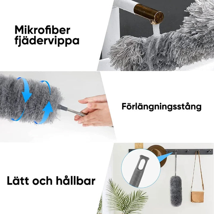 Teleskopisk böjd mikrofiber dammvippa med förlängbar stång, mjukt böjbart huvud för svåråtkomliga ytor i hemmet.
