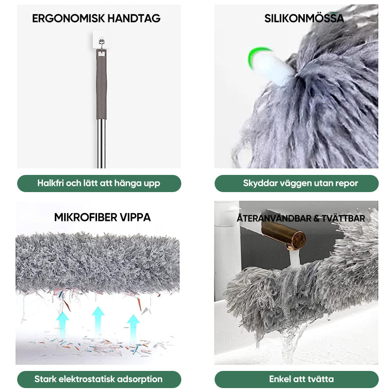 Teleskopisk böjd mikrofiber dammvippa med förlängbar stång, mjukt böjbart huvud för svåråtkomliga ytor i hemmet.