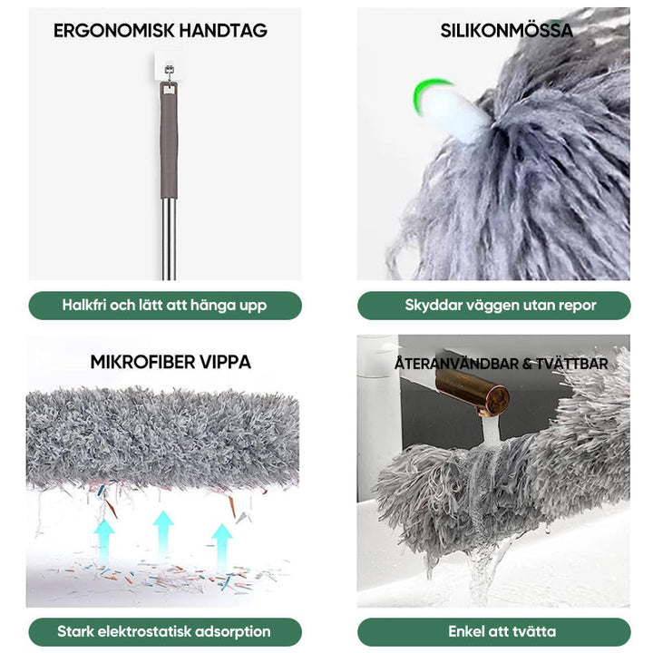 Teleskopisk böjd mikrofiber dammvippa med förlängbar stång, mjukt böjbart huvud för svåråtkomliga ytor i hemmet.