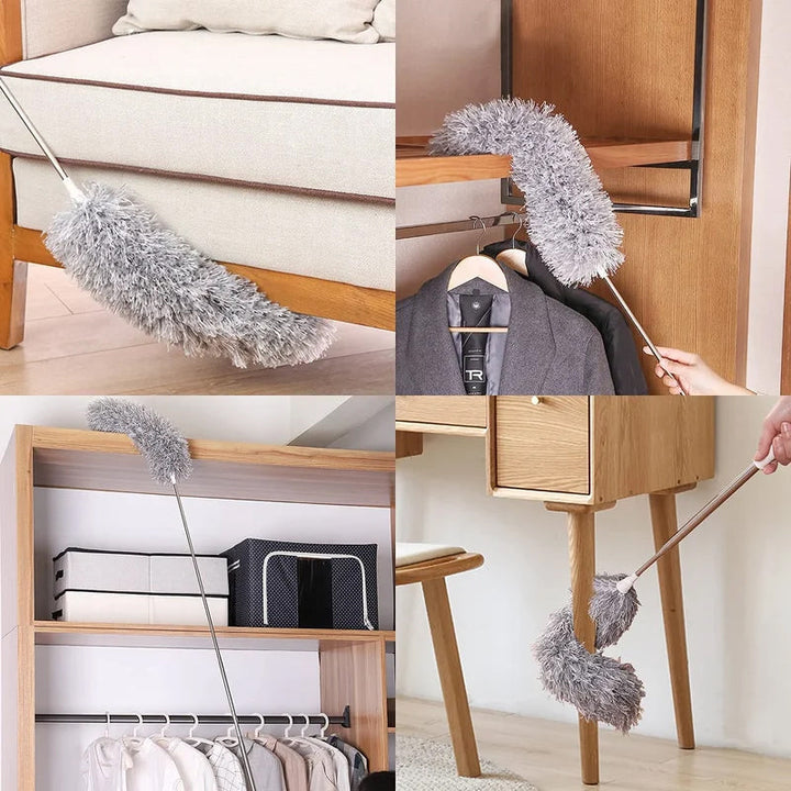 Teleskopisk böjd mikrofiber dammvippa med förlängbar stång, mjukt böjbart huvud för svåråtkomliga ytor i hemmet.