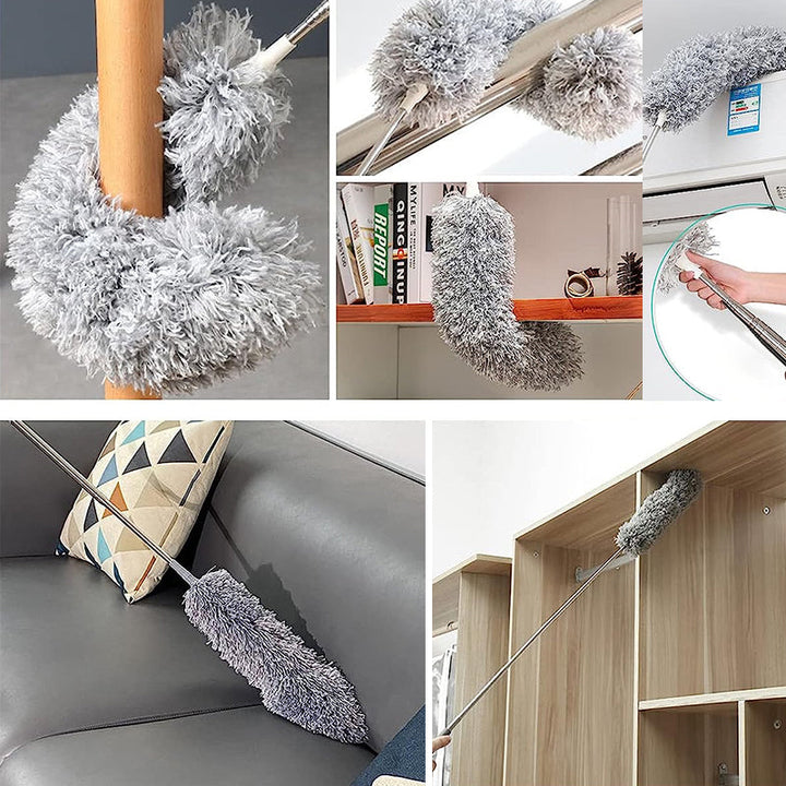 Teleskopisk böjd mikrofiber dammvippa med förlängbar stång, mjukt böjbart huvud för svåråtkomliga ytor i hemmet.