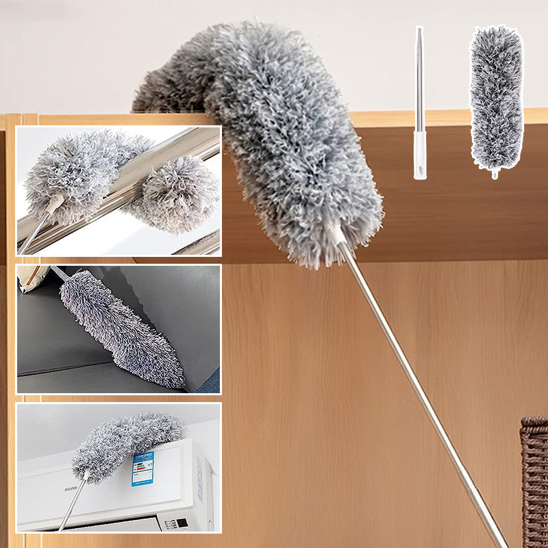 Teleskopisk böjd mikrofiber dammvippa med förlängbar stång, mjukt böjbart huvud för svåråtkomliga ytor i hemmet.