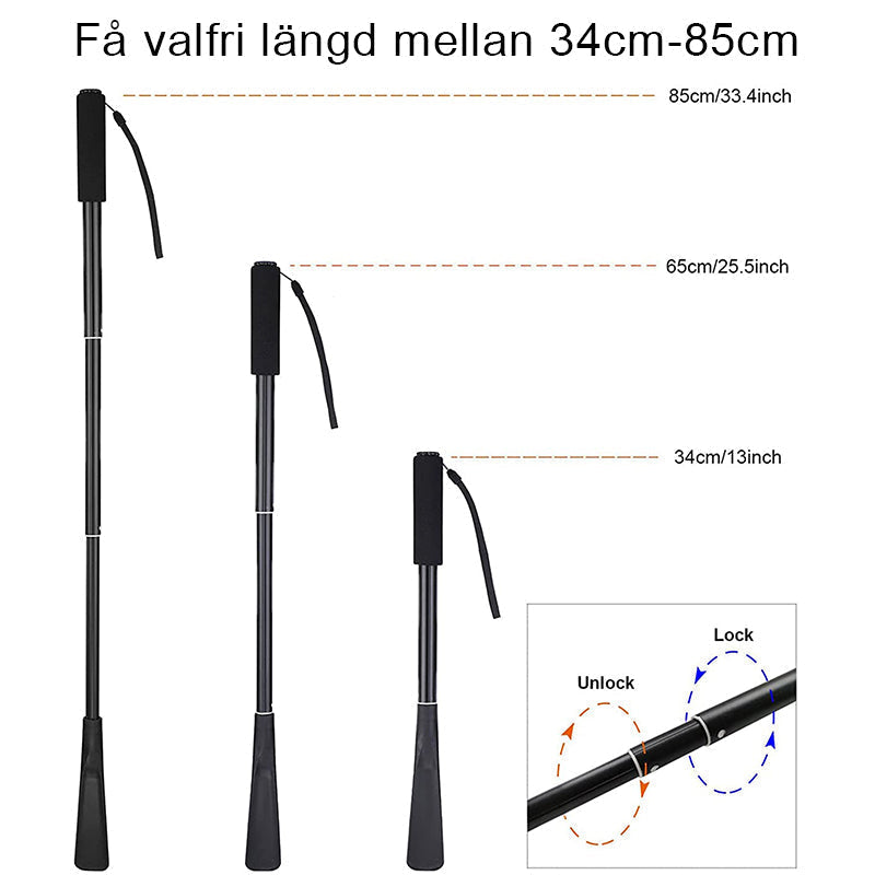 "Teleskopiskt metallskohorn med långt handtag, justerbar längd, slitstark aluminium, smidig design för enkel skopåtagning."