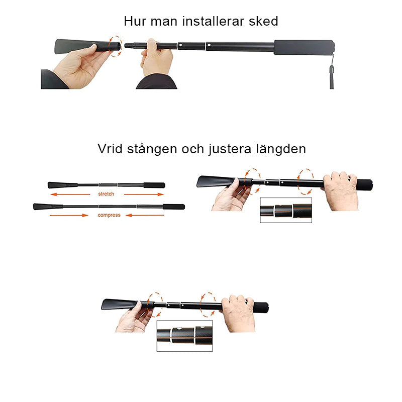 "Teleskopiskt metallskohorn med långt handtag, justerbar längd, slitstark aluminium, smidig design för enkel skopåtagning."