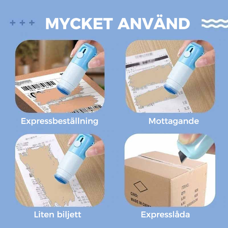 Termisk korrigeringspenna med brytkniv i plast, kompakt 85x25mm, lätt att bära, idealisk för säker informationsförstöring.