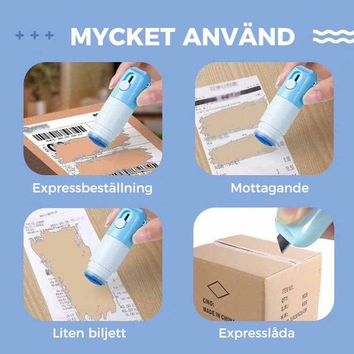 Termisk korrigeringspenna med brytkniv i plast, kompakt 85x25mm, lätt att bära, idealisk för säker informationsförstöring.