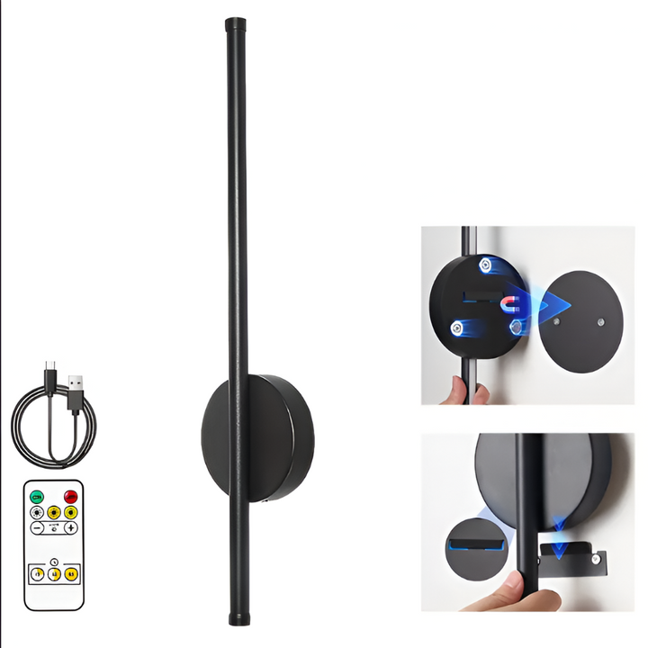 Trådlös LED-lampa med fjärrkontroll, placerad ovanför sänggavel. Idealisk för sovrumsbelysning.