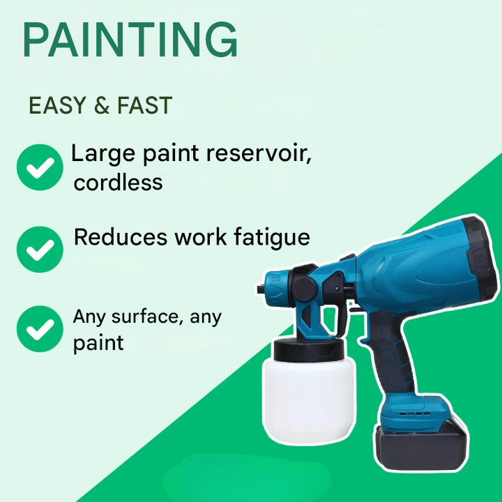 Ergonomisk trådlös färgspruta i svart och orange, designad för komfort och snabb målarutrustning.
