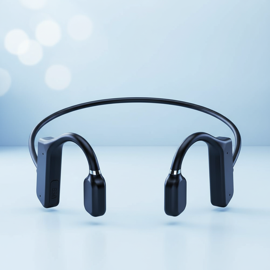 Trådlösa benledningshörlurar SoundSphere i elegant svart design, perfekta för sport och fritid.