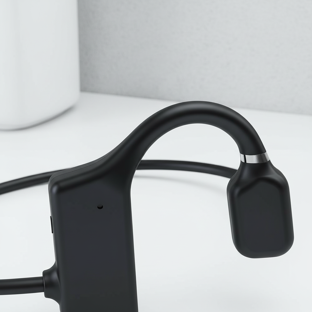 Närbild av ergonomiska SoundSphere benledningshörlurar som sitter bekvämt, idealiska för långa pass.