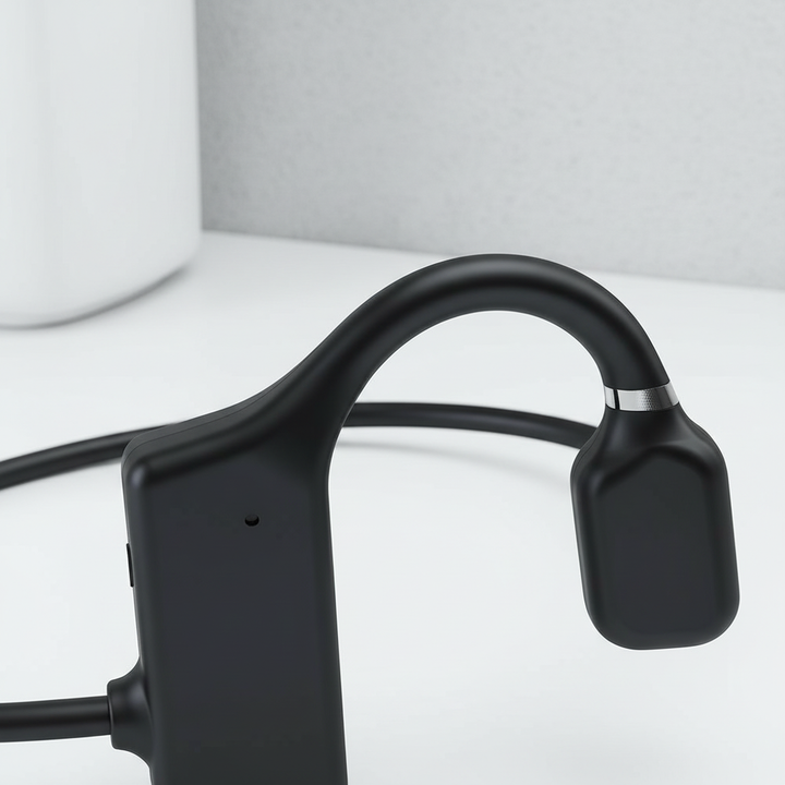 Närbild av ergonomiska SoundSphere benledningshörlurar som sitter bekvämt, idealiska för långa pass.