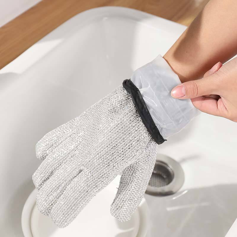 Skalbara tråddiskhandskar i bambufiber, silverfärgade med halkfri design, perfekta för hushållsrengöring och köksarbete.