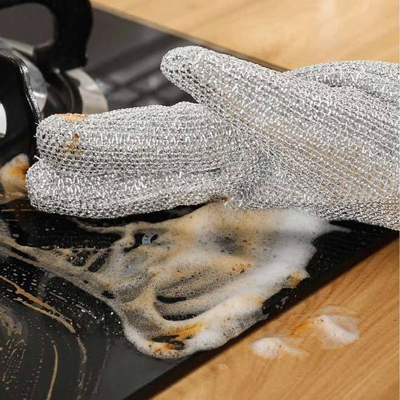Skalbara tråddiskhandskar i bambufiber, silverfärgade med halkfri design, perfekta för hushållsrengöring och köksarbete.