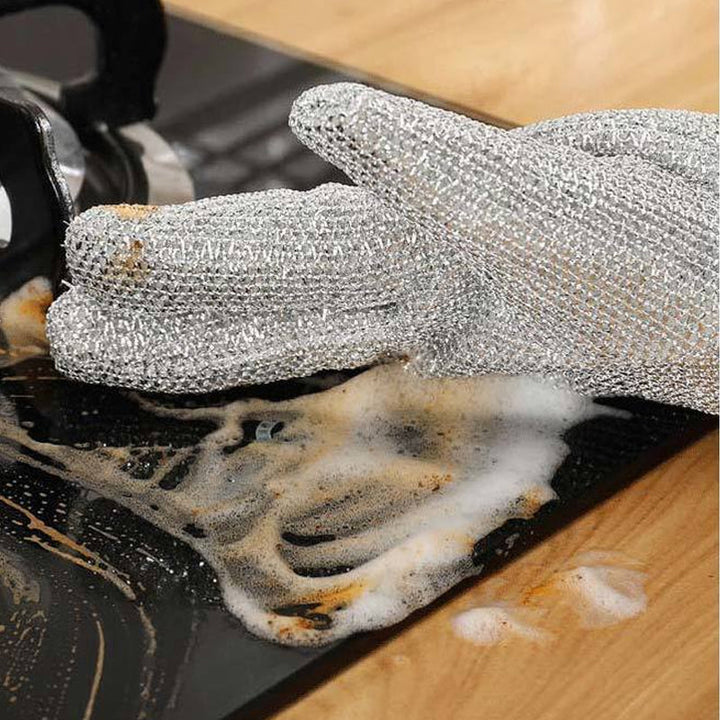 Skalbara tråddiskhandskar i bambufiber, silverfärgade med halkfri design, perfekta för hushållsrengöring och köksarbete.