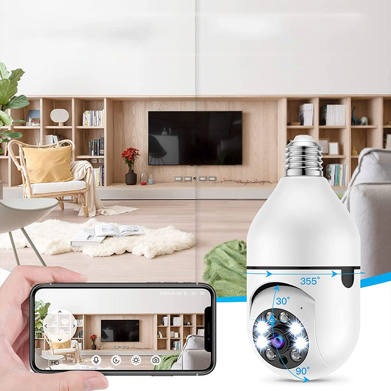 Trådlös 360° kamera med rörelsedetektering och inbyggd lampa för hemmabruk.