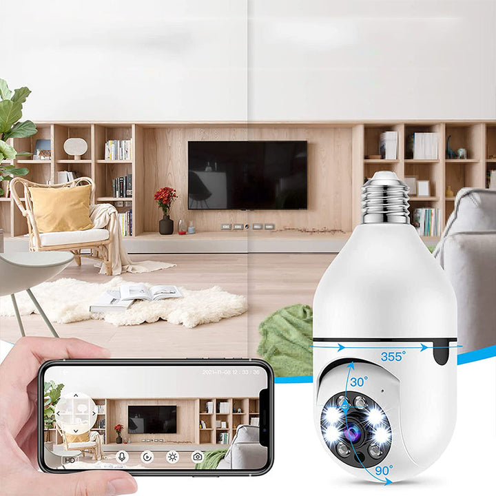 Trådlös 360° kamera med rörelsedetektering och inbyggd lampa för hemmabruk.