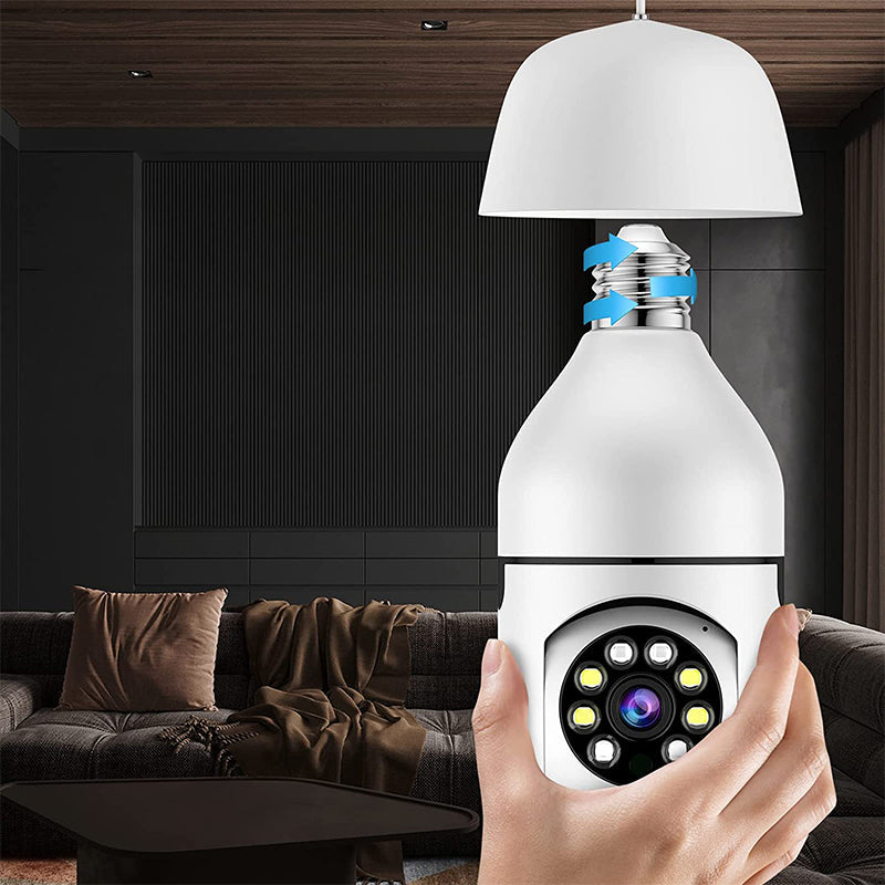 Trådlös 360° kamera med rörelsedetektering och inbyggd lampa för hemmabruk.