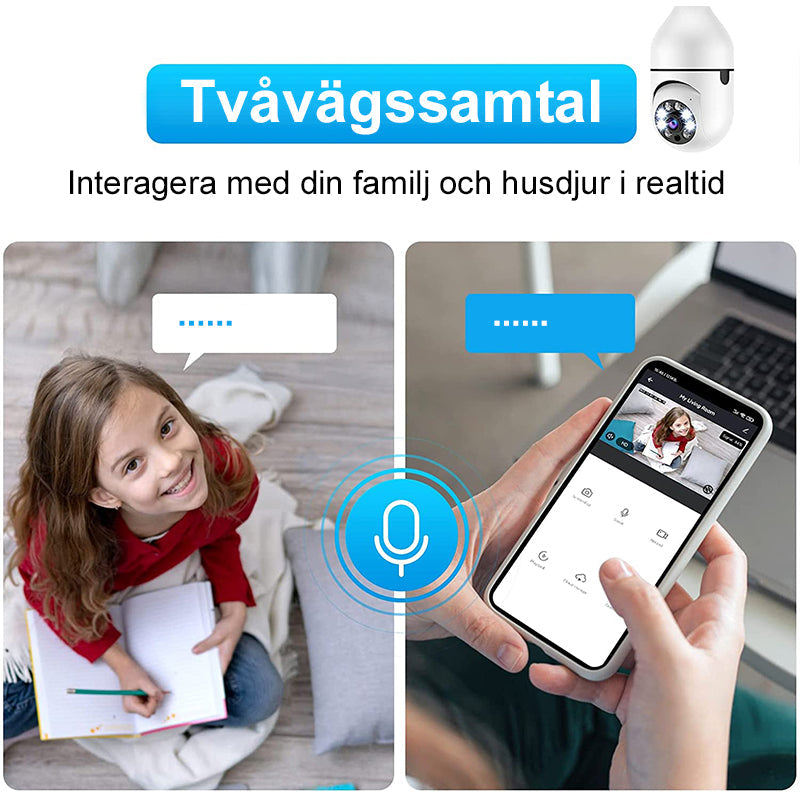 Trådlös 360° kamera med rörelsedetektering och inbyggd lampa för hemmabruk.