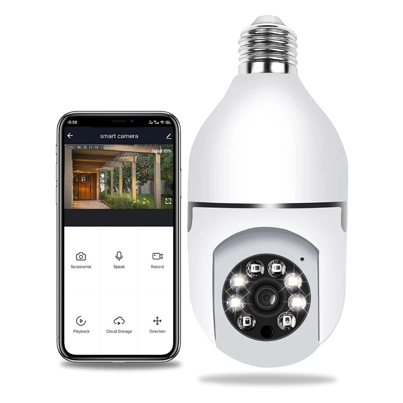 Trådlös 360° kamera med rörelsedetektering och inbyggd lampa för hemmabruk.