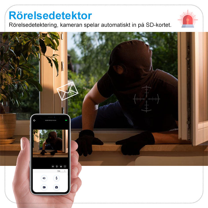 Trådlös 360° kamera med rörelsedetektering och inbyggd lampa för hemmabruk.