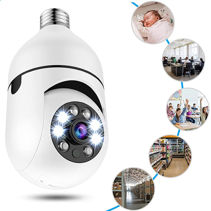 Trådlös 360° kamera med rörelsedetektering och inbyggd lampa för hemmabruk.