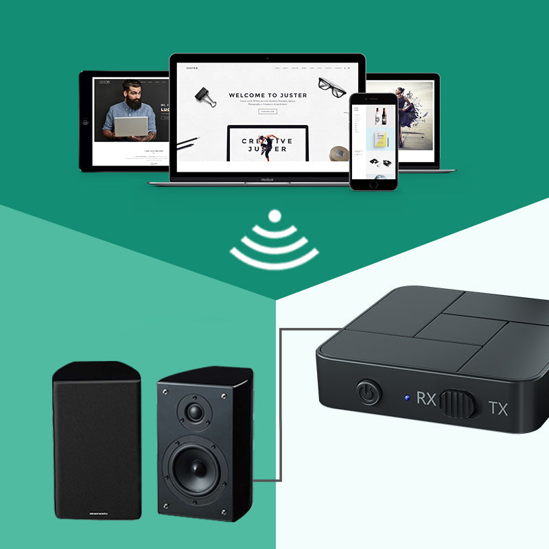 Trådlös Bluetooth 5.0 ljudsändare och mottagare i svart, kompakt design för TV och smartphones, ger trådlöst ljud.