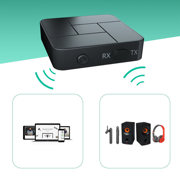 Trådlös Bluetooth 5.0 ljudsändare och mottagare i svart, kompakt design för TV och smartphones, ger trådlöst ljud.